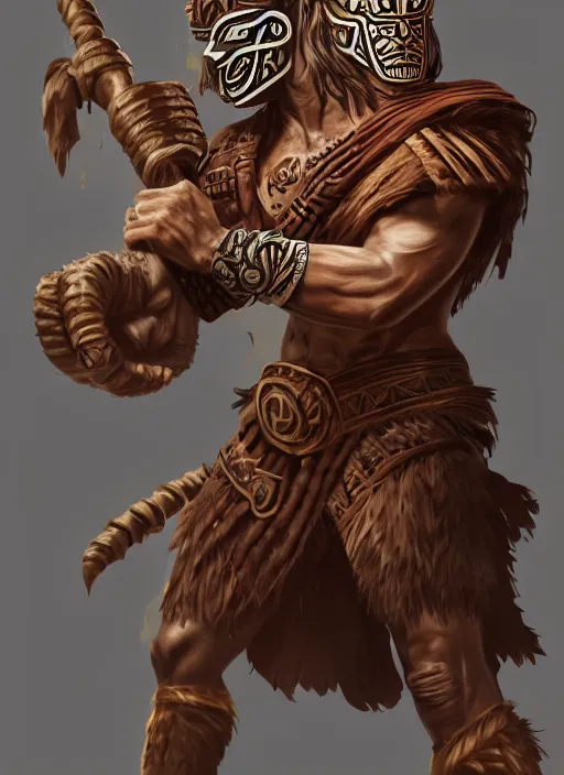 Image similar to a highly detailed illustration of tribal masked aztec warrior wearing brown robe, heroic fist pose, muscular, intricate, elegant, highly detailed, centered, digital painting, artstation, concept art, smooth, sharp focus, league of legends concept art, wlop.