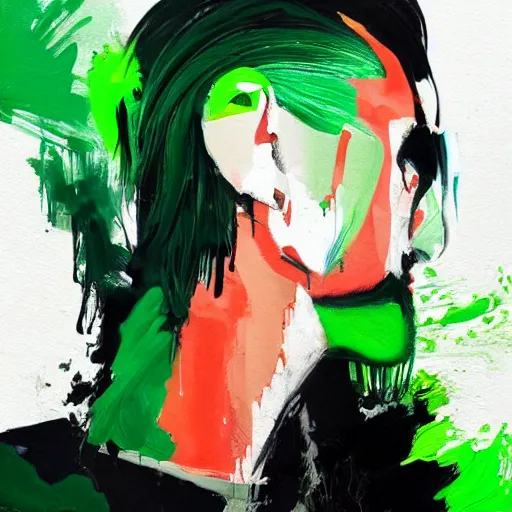 Image similar to closeup, very few thick long paint brush strokes, abstract depiction of the physique of one!!! very thin black suit man with green long straight hair posing dramatically, closeup, matte colors, conrad roset, dark abstract background, abstract painting trending on artstation