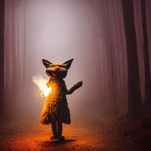 Image similar to a large druid fox muppet wearing a cloak holding a lit torch and herding a bunch of random muppet animals following behind through a dark foreboding misty blue forest at night, sesame street, photograph, photography, ultrarealistic, national geographic