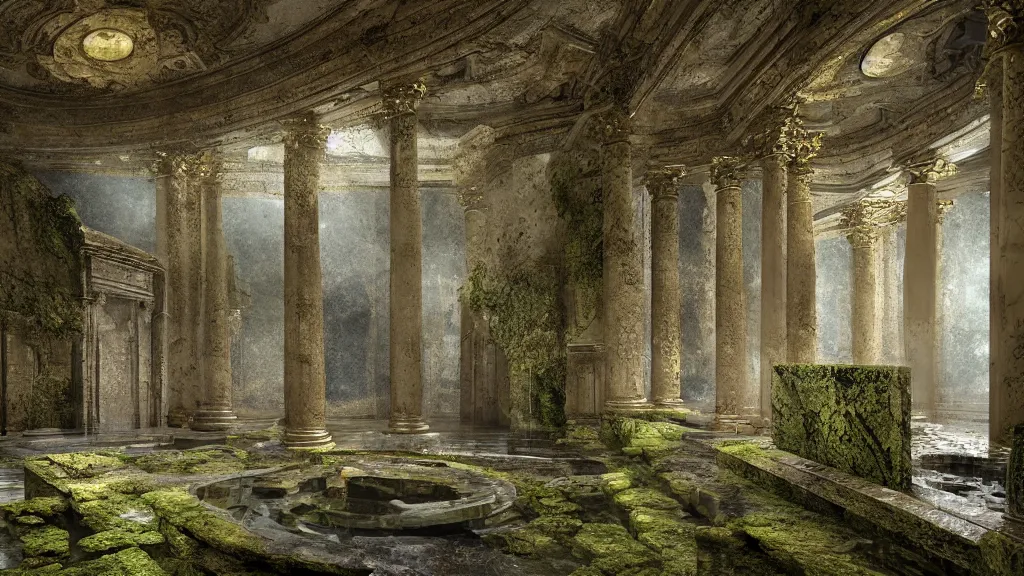 Image similar to roman bath, marblefloor with germanic gold pattern, golden snakes, mossy pillar, ruin, godrays, fog, tiny waterfall, cgsociety,