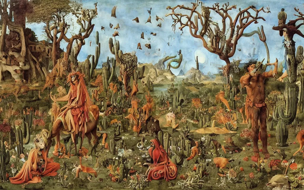 Image similar to photograph of a meditating centaur shaman and a flayed werewolf feeding animals at the riverside. surrounded by bulbous flowers, animals and a few trees and cacti. river delta with cliffs under a blue sky of burning stars. painted by jan van eyck, max ernst, ernst haeckel, ernst fuchs and artgerm, trending on cgsociety