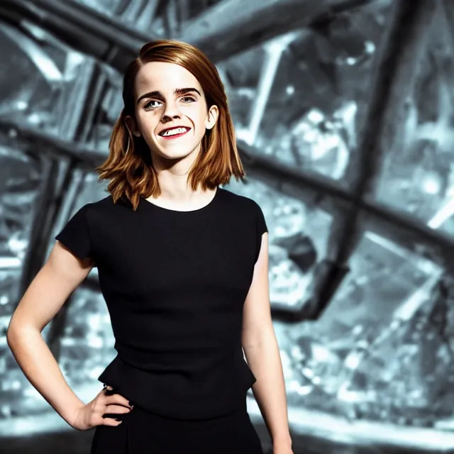 Prompt: Joyful!!! smiling Emma Watson wearing cyborg prosthetic. From Her (2013). Clear Hands. Clear body. Light Clothes. Hogwarts as Background. Cinematic. Professional Photo. UHD. 8k. Clear Face.