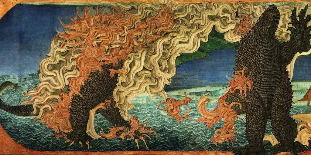 Image similar to godzilla by sandro botticelli, painting