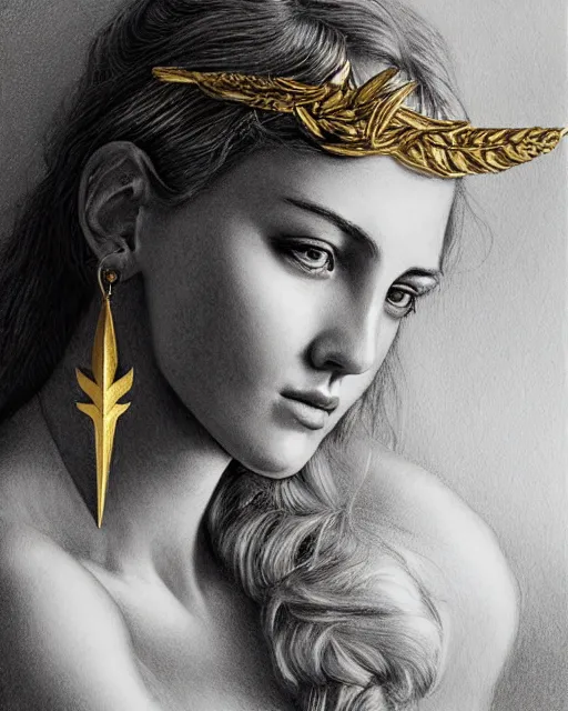 Image similar to beautiful aphrodite greek goddess wearing a golden laurel wreath and arrowhead earrings, hyper - realistic pencil drawing, beautiful piercing eyes with sharp pupils, beautiful blonde hair, in the style of greg rutkowski, fantasy, amazing detail, epic, elegant, smooth, sharp focus