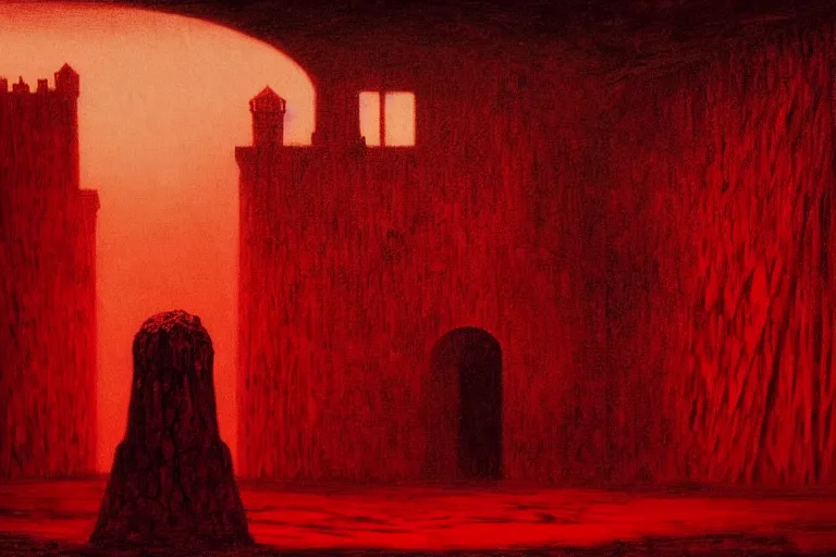 Image similar to only with red, in a red dream world, a crimson tiger, a castle in the background, medieval demons, an ancient path in the style of beksinski, part by hopper, part by rodcenko, part by hofbauer, intricate composition, red by caravaggio, insanely quality, highly detailed, masterpiece, red light, artstation