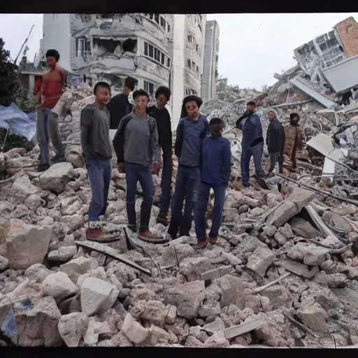 Prompt: seven young man, standing in a rubble after a building collapsed, journalistic photograph.