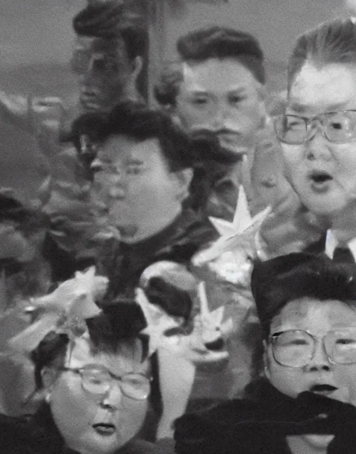 Image similar to very low - resolution found footage of kim jong - il and a starfish kaiju monster, fog, foggy, korean film noir, monochrome, red hue, thriller, underdeveloped, epic, dramatic