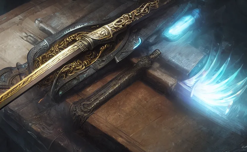 Image similar to legendary sword of cybernetic technology lying flat on a glowing table, digital award winning hd matte painting, intimate dark moody, intricate, long sharp black and iridescent blade, ornate spikes, colorful hilt, detailed realistic, raytraced blade, colored gems, golden pommel, in the style of greg rutkowski and krenz cushart, deviantart