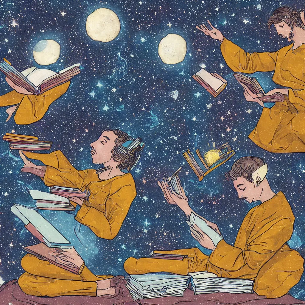 Prompt: Digital art of a cosmic being reading books containing knowledge of the universe