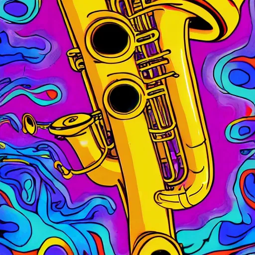 Image similar to Lisa Simpson falling into a giant saxophone, psychedelic art, uhd, matte painting