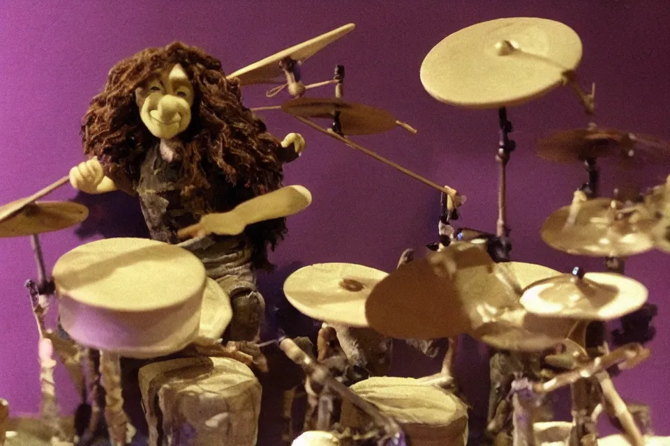 Image similar to a claymation film still of a curly long hair drummer playing the drum set. claymation by bruce bickford