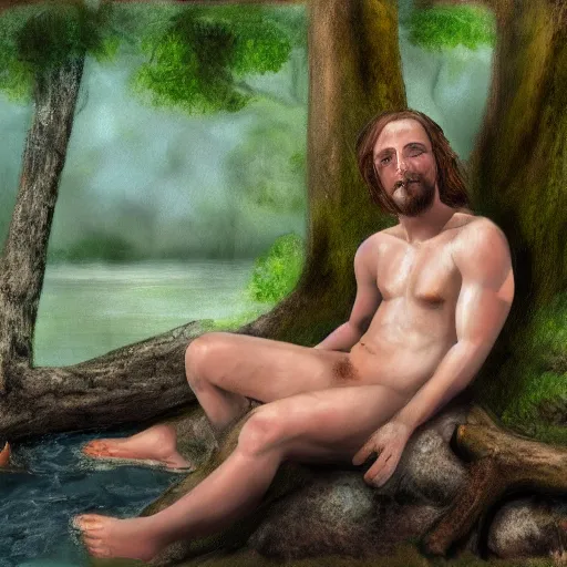 Image similar to a satyr lounging next to a river with one finger in the water, in the forest, digital painting, rough brushstrokes