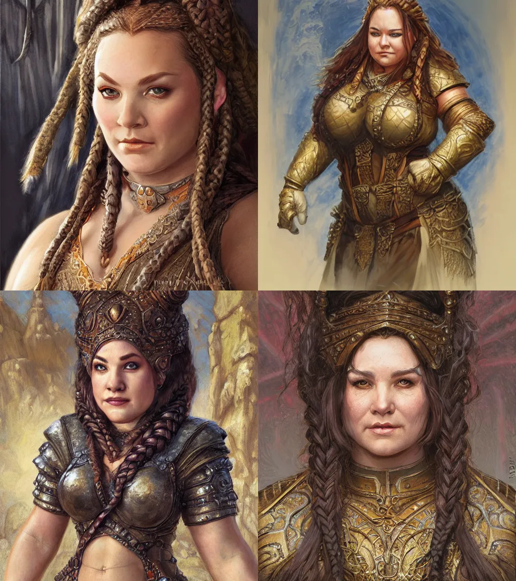 Prompt: plump female dwarven noblewoman | complex braided hairstyle | hyperdetailed | donato giancola, ralph horsley | waist-up portrait | big nose, tubby body | dungeons and dragons |