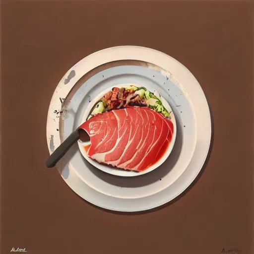 Image similar to album art of a man eating tuna, artstation