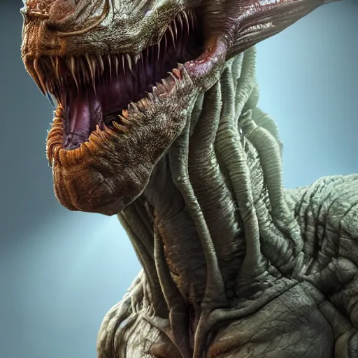 Image similar to hyperrealistic image of alex jones as the thing film alien monster, stunning 3 d render, inspired by istvan sandorfi & greg rutkowski & unreal engine, full body shot, perfect symmetry, dim volumetric cinematic lighting, 8 k octane comprehensive render, extremely hyper - detailed, incredibly lifelike attributes, intricate, real flesh texture, masterpiece, artstation, stunning,