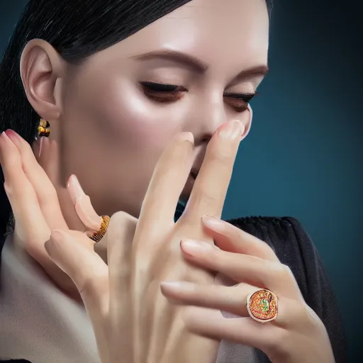 Prompt: ad for a complex golden ring with cameo and gems of a female mouth with a cyberpunk style, 8k, details, studio lighting, realism