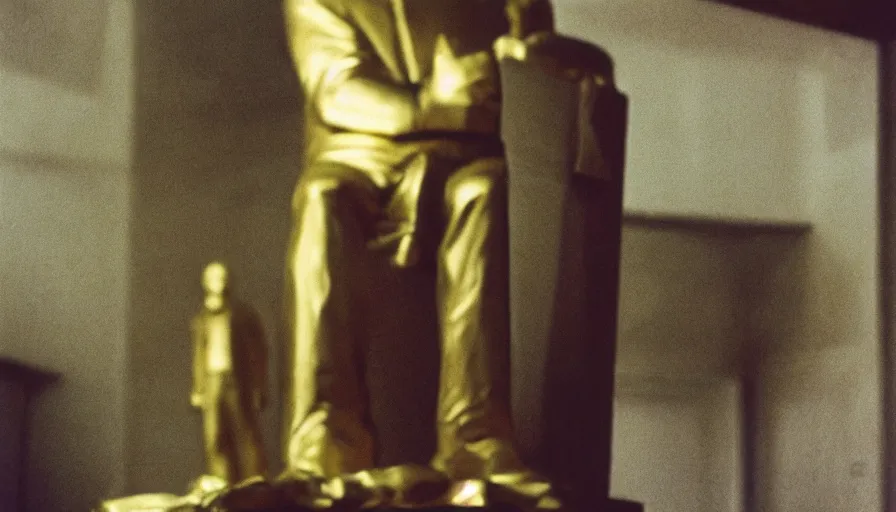 Image similar to movie still by tarkovsky portrait of a gold statue of lenin in the bathroom, cinestill 8 0 0 t 3 5 mm, heavy grain, high quality, high detail