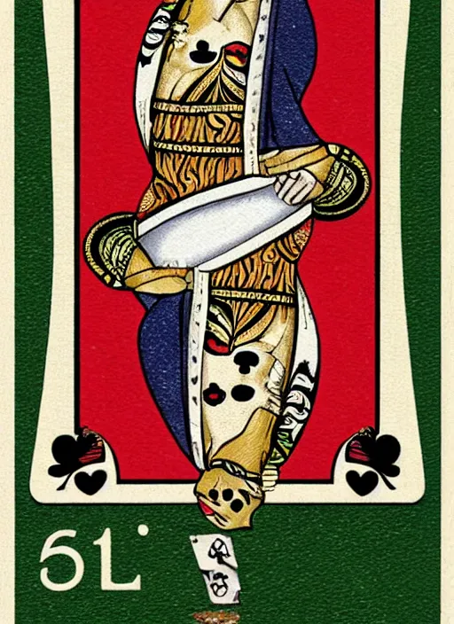 Prompt: playing card called the pregnant queen, 2D, in the style of bicycle cards,