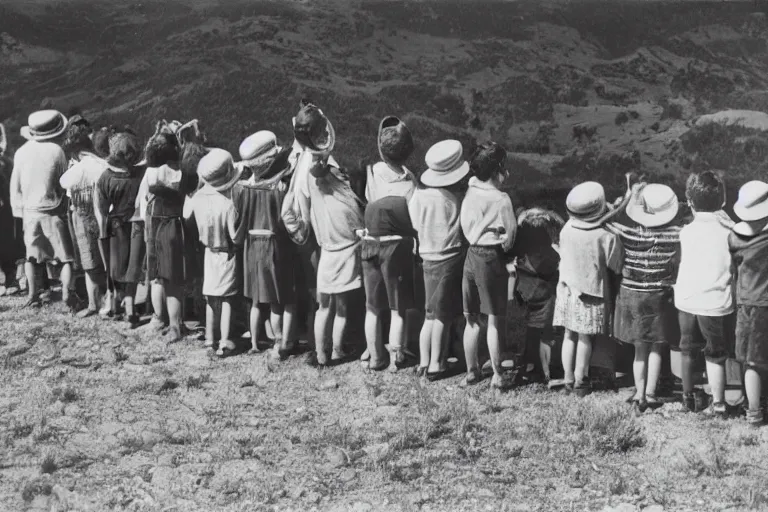 Image similar to A line of children waiting to look through a telescope, Ansel Adams