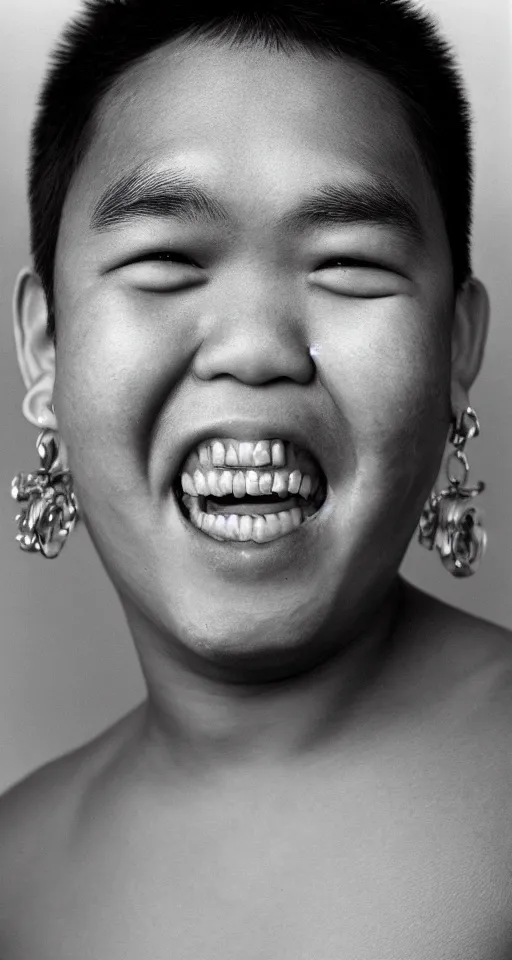 Image similar to close up photograph of a single fat filipino teenage boy smiling with crooked teeth, with a curly perm, and with small studded earings, 4 k, photorealistic, high detail by richard avedon