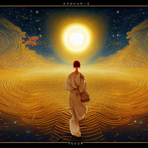 Prompt: beautiful Korean theme interstellar space in a Luxurious flow of golden emotions in an everlasting serene of elegancy, dramatically in the art style of James Jean, rgb, 4k quality