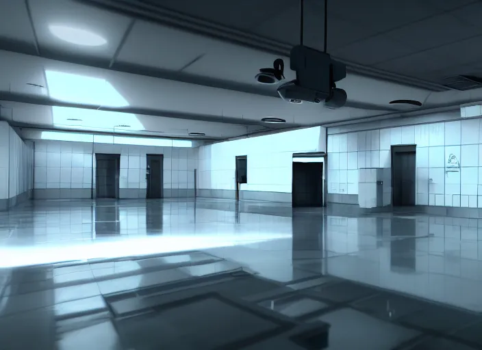 Prompt: in - game screenshot cctv footage of a large white empty breakroom with a security checkpoint, retrofuturist liminal space, familiar place, clean, black mold, amateur, unreal engine, photorealistic, trending on artstation