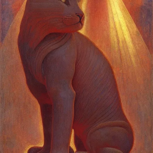 Image similar to polychrome cat sculpture from a lost civilization, by annie swynnerton and diego rivera and nicholas roerich and jean delville and charlie bowater, symbolist, dramatic lighting, god rays, art brut, rich colors, smooth sharp focus, extremely detailed, adolf wolfli and ( donato giancola and bilibin )