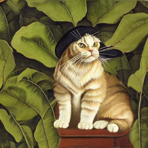 Prompt: a reneissance painting of a maincoon cat among big green leaves wearing a bishop hat, very detailed, in the style of mantegna