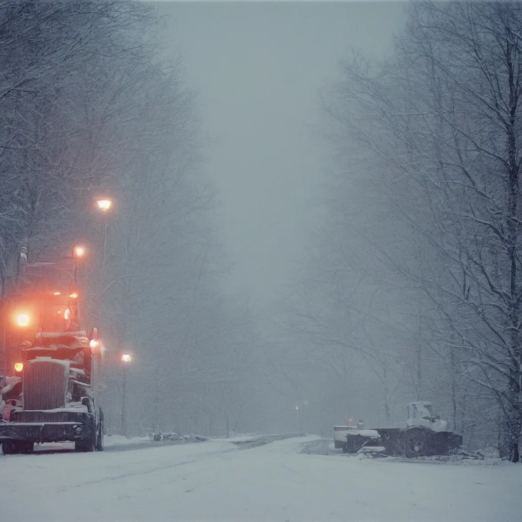 Image similar to photo, big snow plow truck is in the distance with a bright headlighta. cold color temperature, snow storm. hazy atmosphere. humidity haze. kodak ektachrome, greenish expired film, award winning, low contrast,