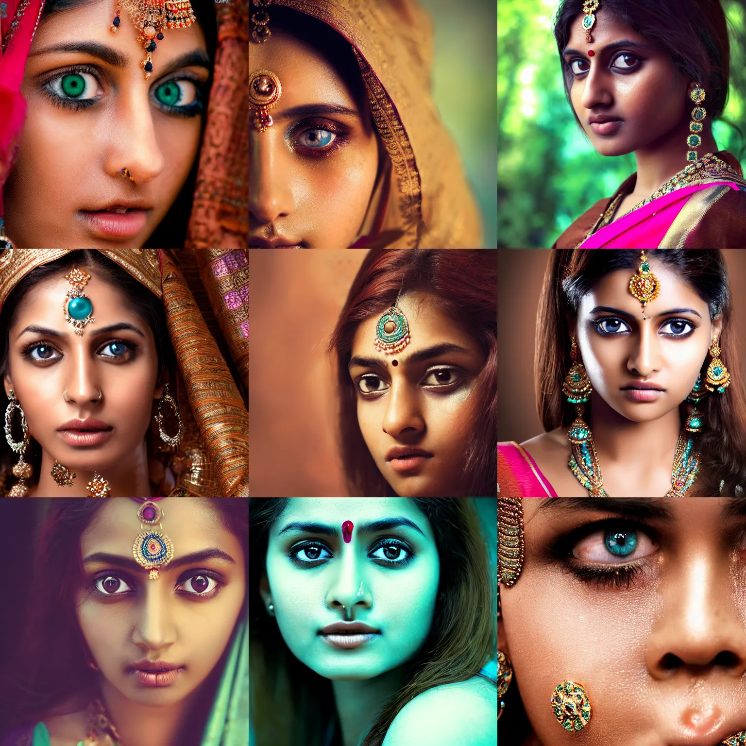 Prompt: extreme close - up shot, studio photographic portrait of beautiful indian girl in sari, brown reddish hair, crystal teal pupils, haunting, looking at viewer, slightly opened lips, dynamic lighting, random outdoor wallpaper background, photorealistic, highly detailed, glamor pose, face symmetry, symmetry, 2 5 mm