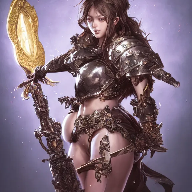 Image similar to studio portrait of lawful good colorful female holy shield paladin as absurdly beautiful, elegant, young sensual gravure idol, ultrafine hyperrealistic detailed face illustration by kim jung gi, irakli nadar, intricate linework, sharp focus, bright colors, matte, octopath traveler, final fantasy, unreal engine highly rendered, global illumination, radiant light, intricate environment