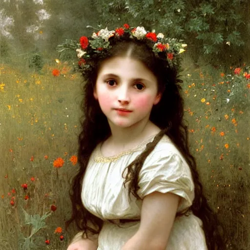 Image similar to a little girl with wavy brown hair sitting in a field of wildflowers. beautiful painting by bouguereau.