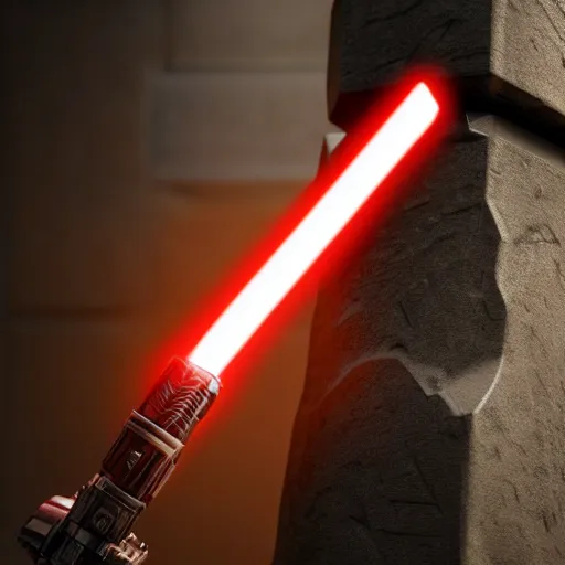 Prompt: ultra - detailed cinematic render, of a lightsaber hilt, that lies vertically on a carved stone, lit up in a dark room, octane render, high quality, digital art, 8 k, jedi fallen order teaser, volumetric lighting