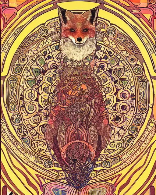 Image similar to fox carving art, cell shading, voronoi,fibonacci sequence, sacred geometry by Alphonse Mucha, Moebius, hiroshi yoshida, Art Nouveau, colorful, ultradetailed, 3d