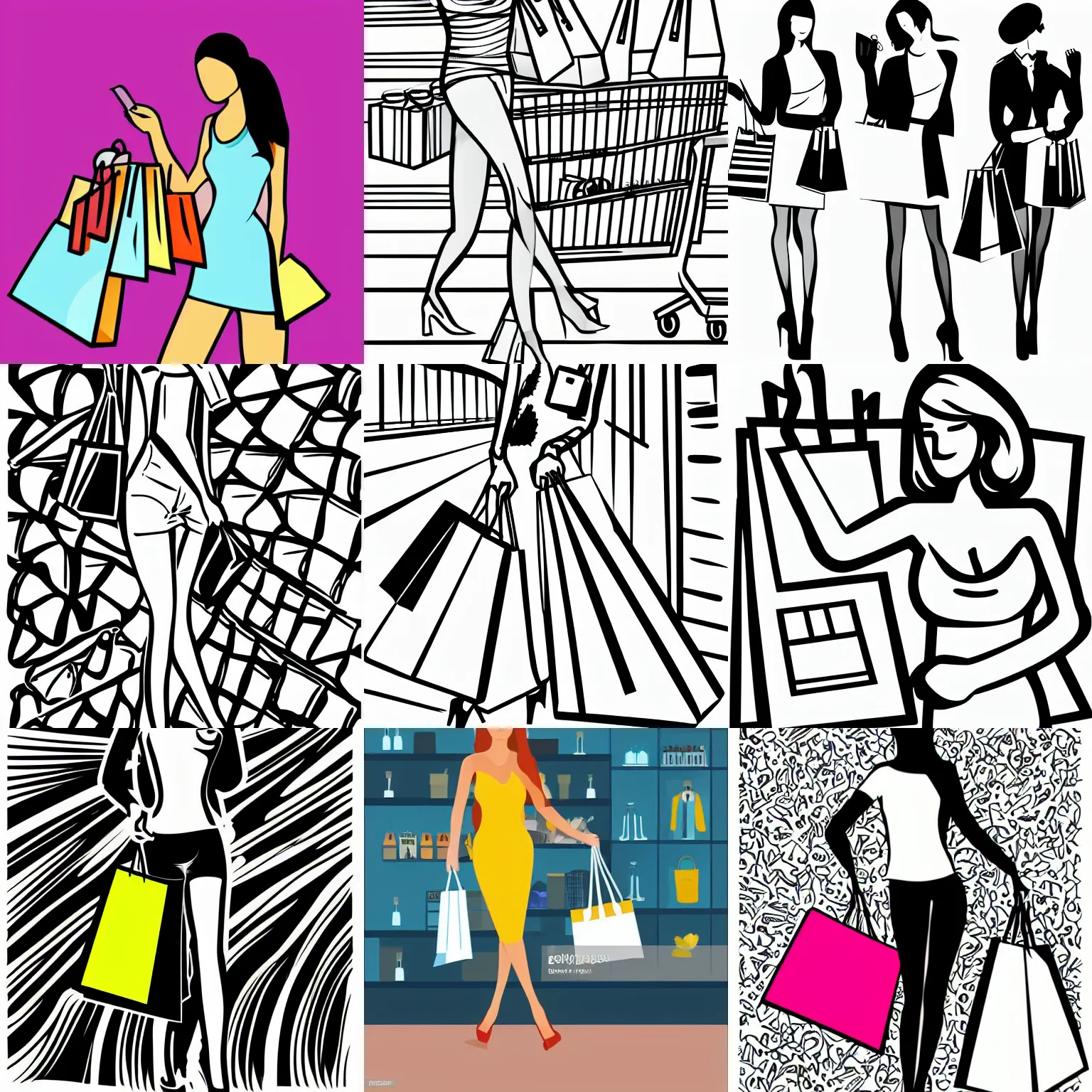 Prompt: illustration vector fine line art of a full shot sexy shopping girl with shopping bags,trending on shutterstock