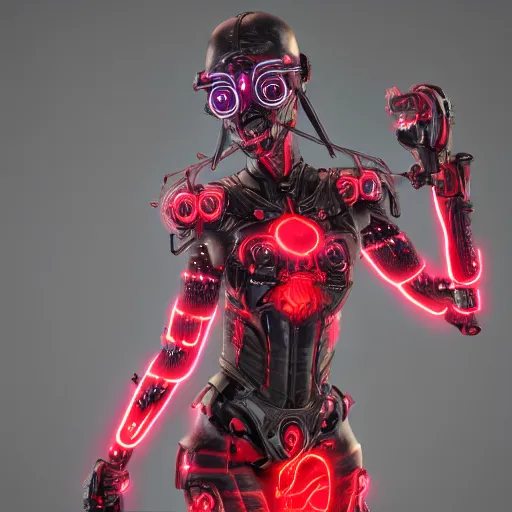 Image similar to cybernetic female warrior with glowing red heaphones and glowing red intricate sigils of death covering her body, intricate detail, finely detailed, small details, extra detail, trending on artstation, high resolution, 3D