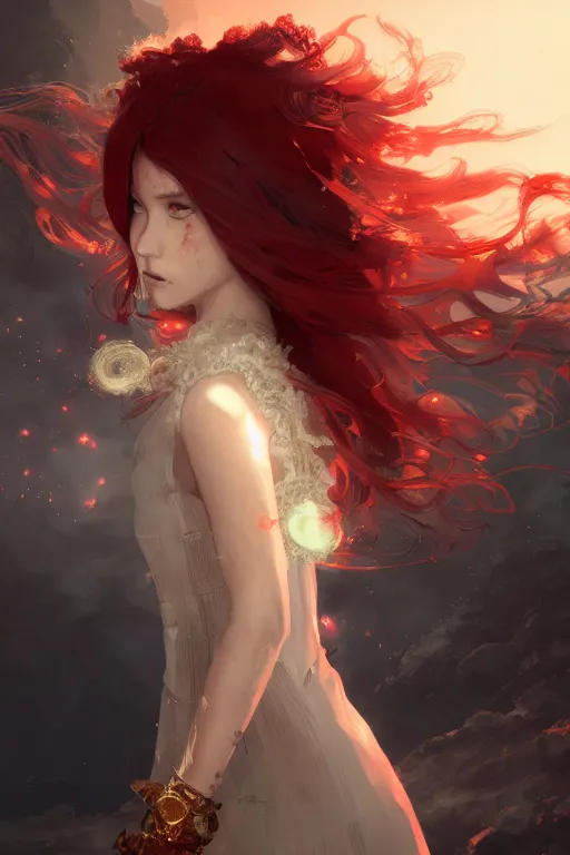 Prompt: highly detailed portrait of a young fire princess with wavy vibrant red hair, white lace dress, cinematic lighting, dramatic atmosphere, by Dustin Nguyen, Akihiko Yoshida, Greg Tocchini, Greg Rutkowski, Cliff Chiang, 4k resolution, nier:automata inspired, bravely default inspired, volcanic background