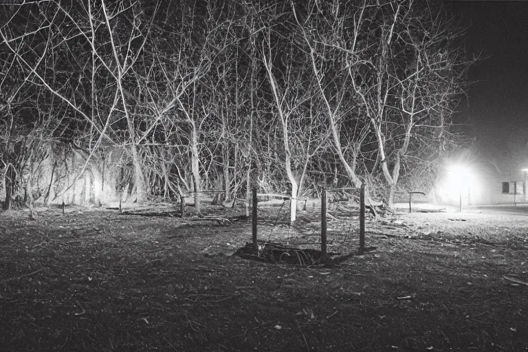 Image similar to liminal playground, mid night, scary, 2000s photo, very dark, no lights