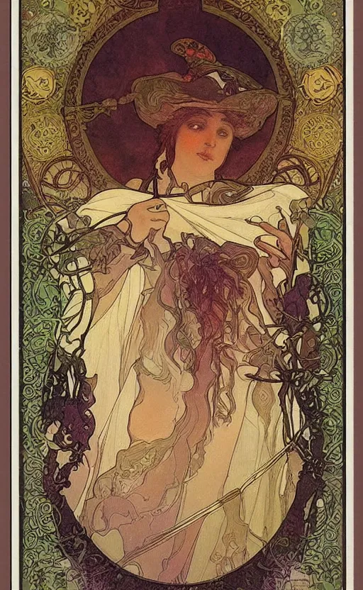 Prompt: the magician, tarot, beautiful border, by alfons maria mucha, highly detailded