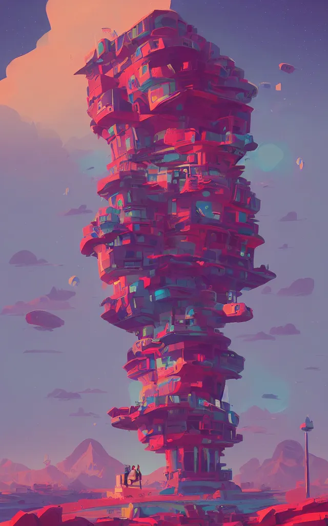 Prompt: a stunning building in a fantastic landscape against a ridiculous sky by Anton Fadeev and Simon Stålenhag