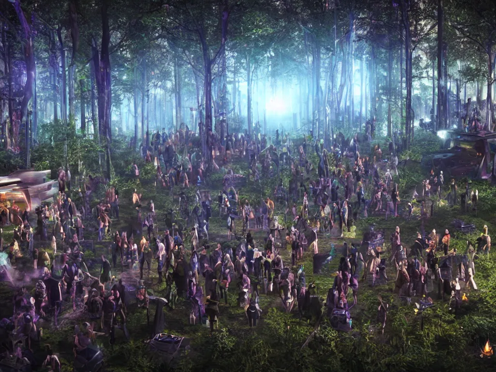 Image similar to a hyper realistic professional 3d render of a mystical cyberpunk tribe gathering at a magical location in the forest lit by fire and intense laser lights extreme wide angle view from dj's point of view