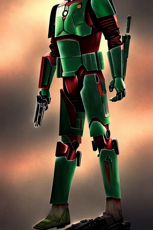 Image similar to character mashup between ironman and boba fett, digital art, movie still from blade runner