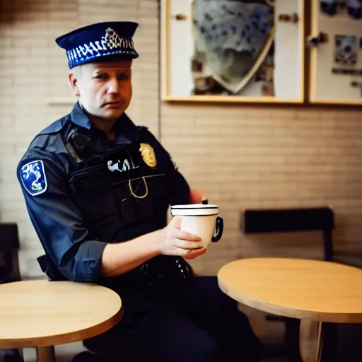 Image similar to a robotic police officer drinking tea in a coffee shop sitting down relaxed, professional photography