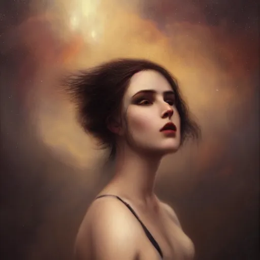 Prompt: girl from nowhere covered with black smoke and nebula dust, portrait by tom bagshaw and davinci, 8 k, uhd, detailed, cinematic, magic