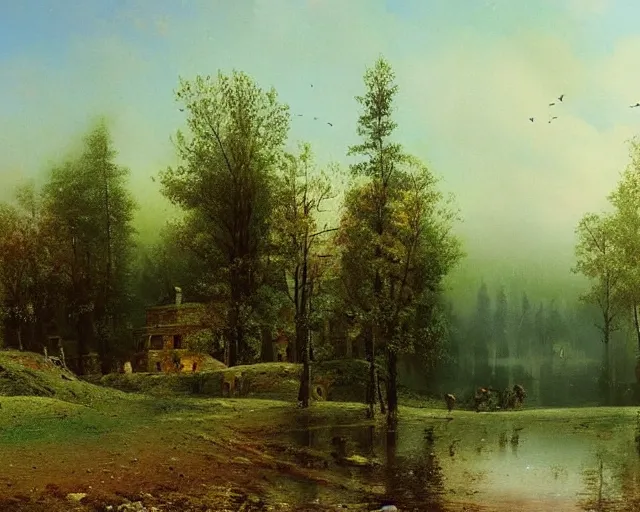 Prompt: beautiful matte painting of cute soviet block of flats hrushevka in end of forest by ivan shishkin and aivazovsky