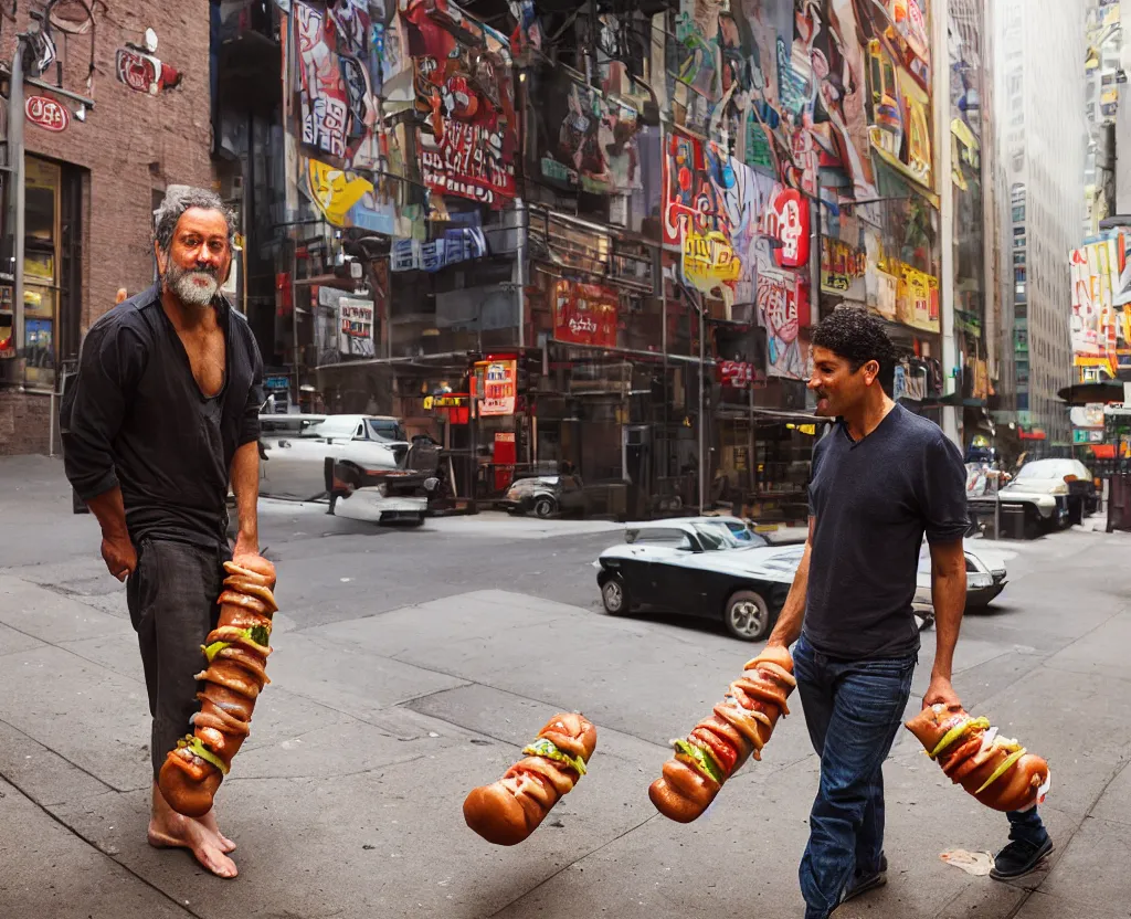 Image similar to closeup portrait of a man carrying a giant hotdog, smoky new york back street, by Annie Leibovitz and Steve McCurry, natural light, detailed face, CANON Eos C300, ƒ1.8, 35mm, 8K, medium-format print