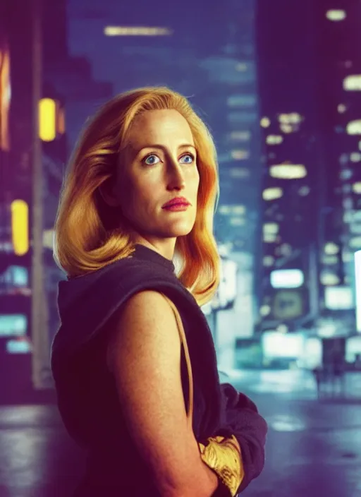 Prompt: A hyper realistic and detailed head portrait photography of Gillian Anderson in futuristic hoodie on a futuristic street. by Annie Leibovitz. Neo noir style. Cinematic. neon lights glow in the background. Cinestill 800T film. Lens flare. Helios 44m