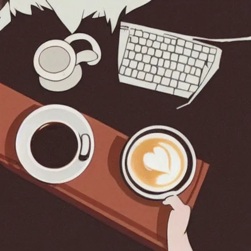 Prompt: coffee on a table, rainy day, anime, ghibli, 9 0 s, retro style, aesthetic, chill, room