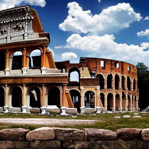 Image similar to Beautiful Promotional Photograph of ancient Roman McDonalds, wideshot,longshot,fullshot.