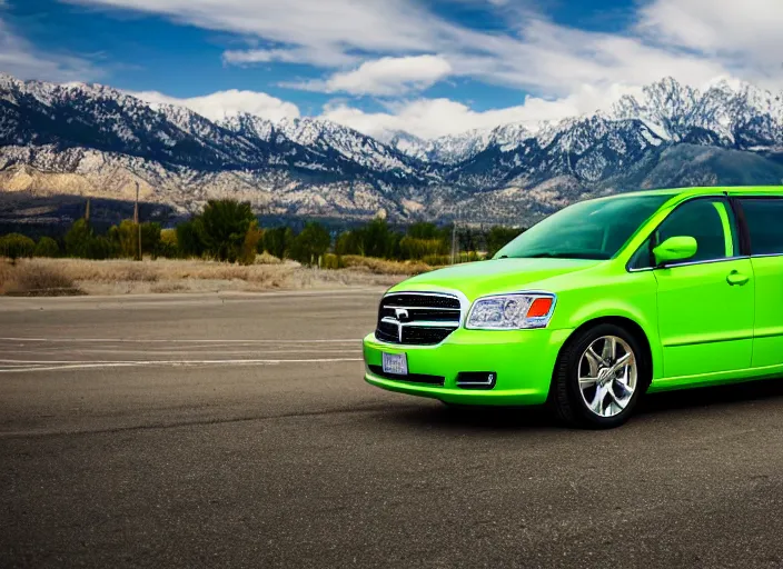 Prompt: lime green dodge caravan in a parking lot with the wasatch mountains in the background, photography, high definition